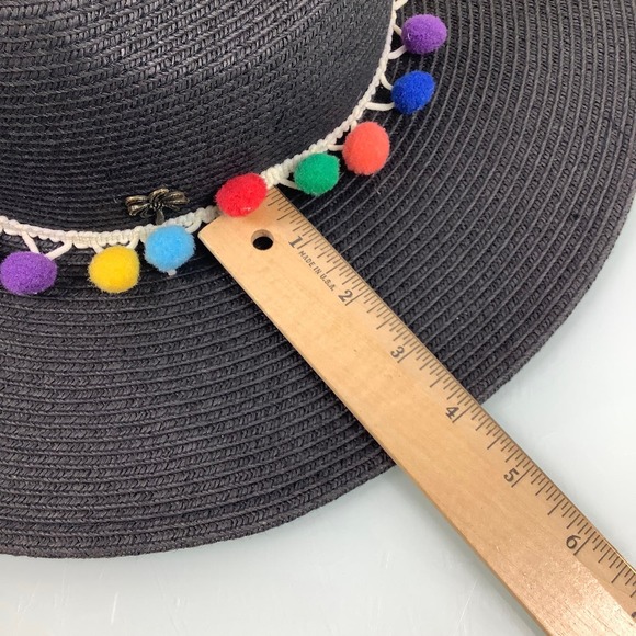 Sun N Sand Wide Rim Pom Pom Multicolor Black Straw Hat Size OSFM 22” EUC - Picture 8 of 12